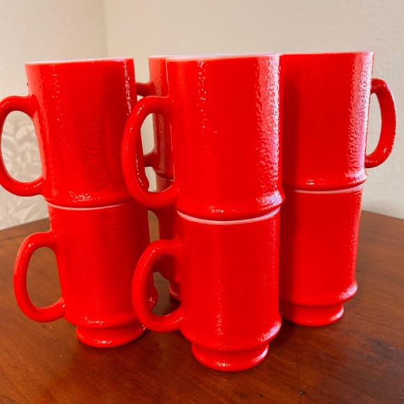 4 Vintage 60's Atlas Anchor Hocking FIre King RED Milkglass Mugs / Coffee Cups - Picture 8 of 9